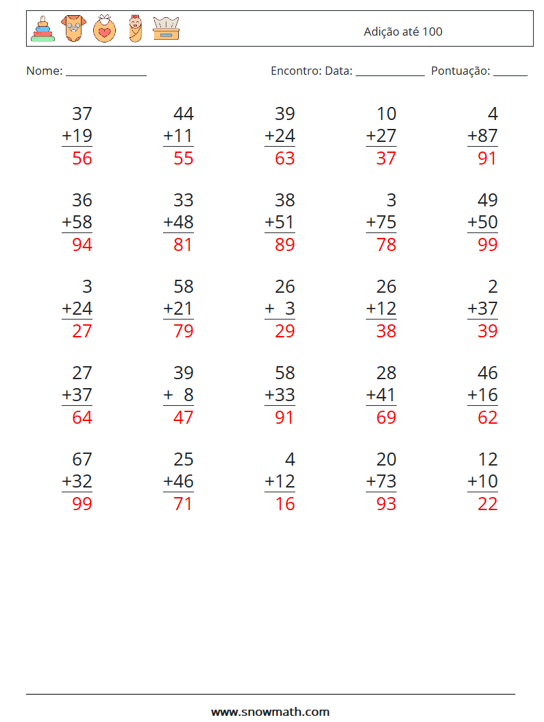 (25) Adição até 100 planilhas matemáticas 18 Pergunta, Resposta