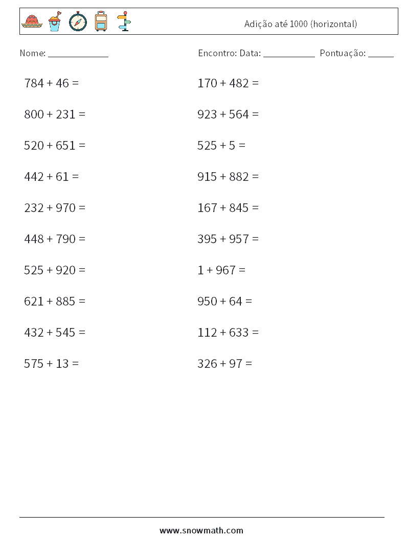 (20) Adição até 1000 (horizontal) planilhas matemáticas 3