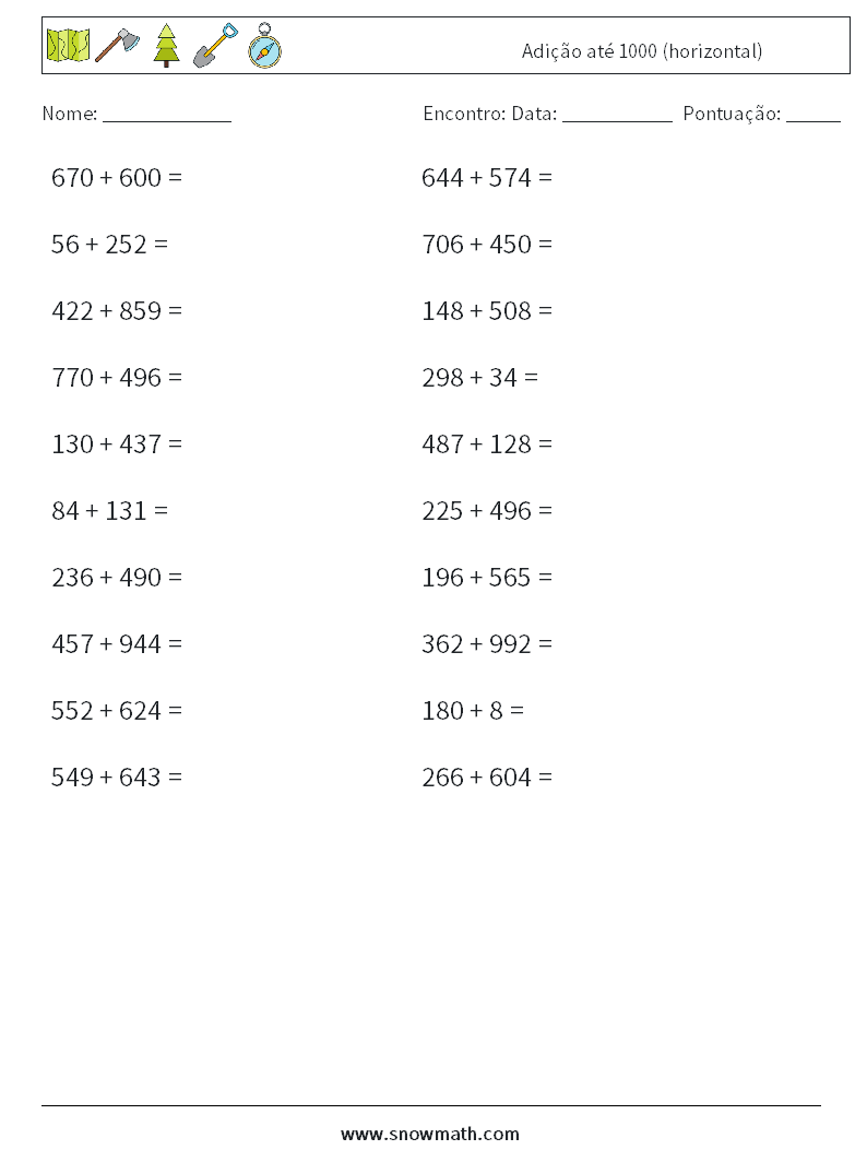 (20) Adição até 1000 (horizontal) planilhas matemáticas 4