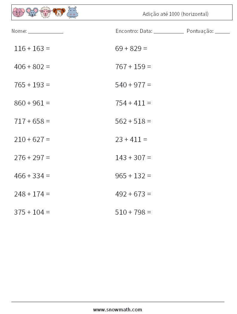(20) Adição até 1000 (horizontal) planilhas matemáticas 6