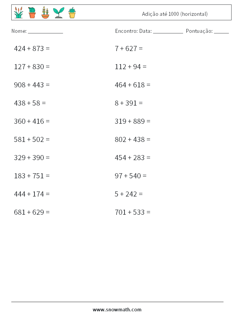 (20) Adição até 1000 (horizontal) planilhas matemáticas 7