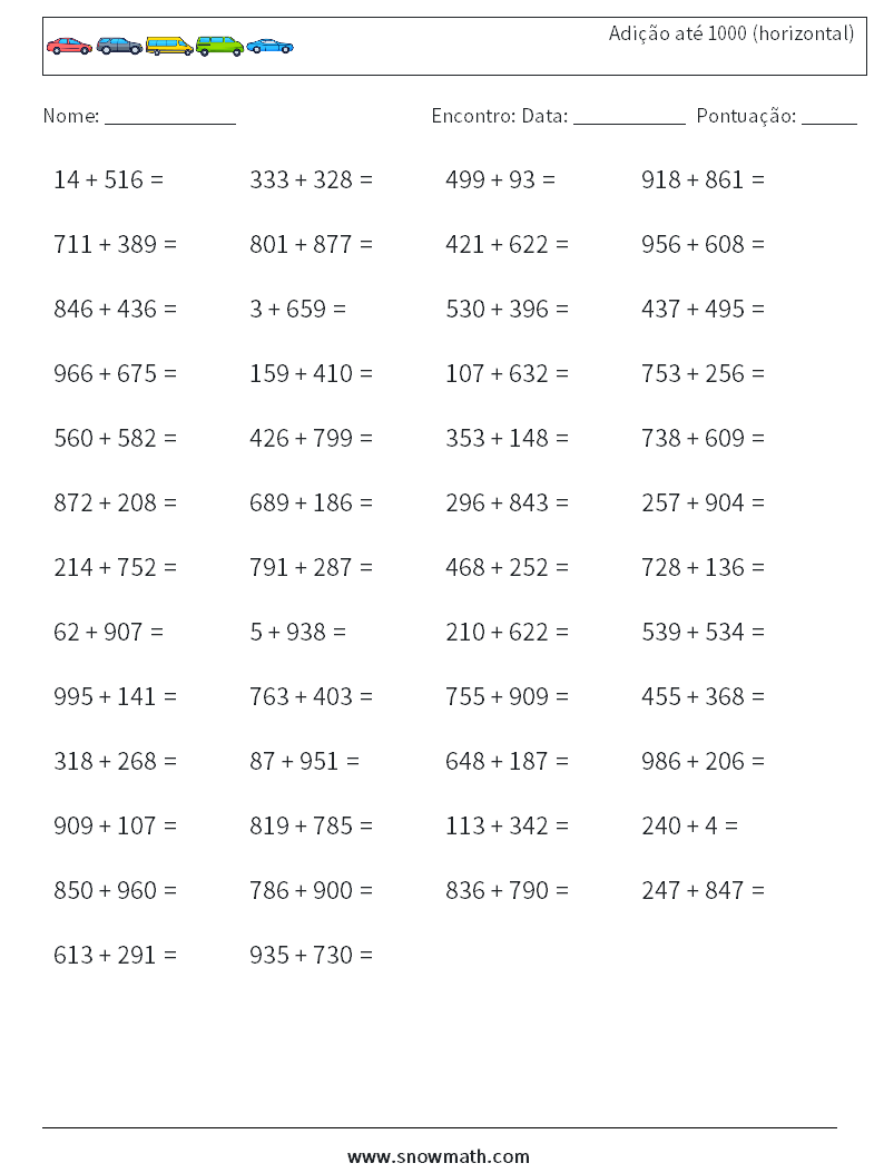 (50) Adição até 1000 (horizontal) planilhas matemáticas 2