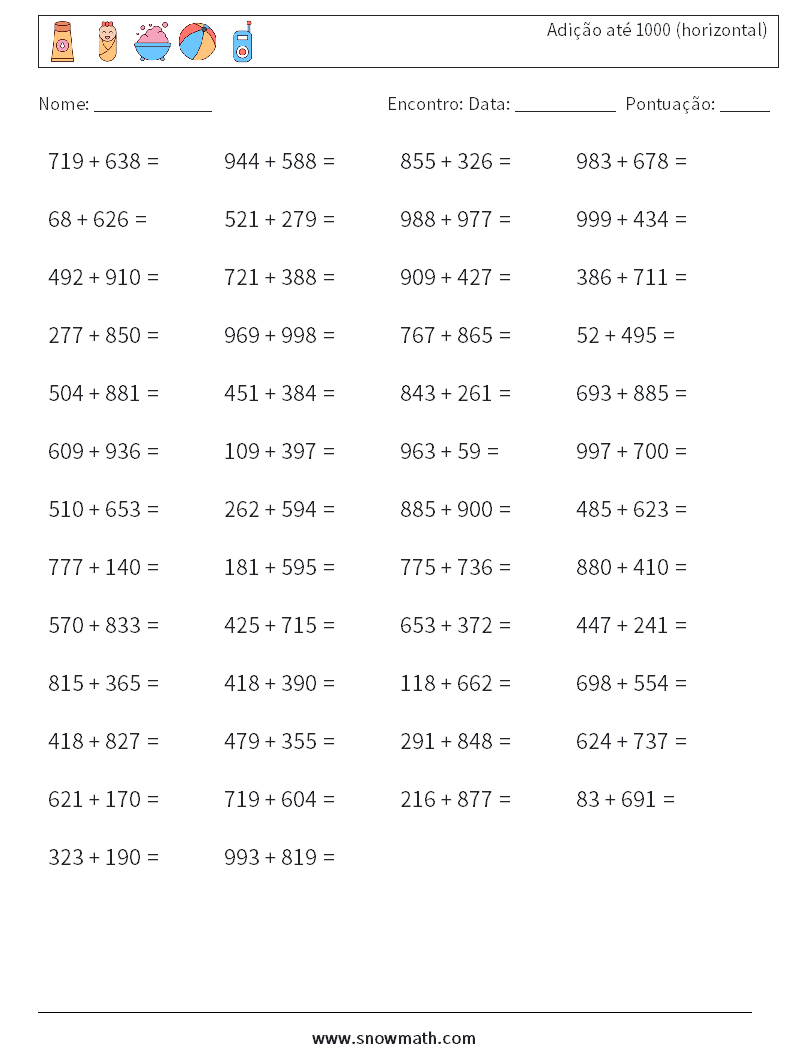 (50) Adição até 1000 (horizontal) planilhas matemáticas 3