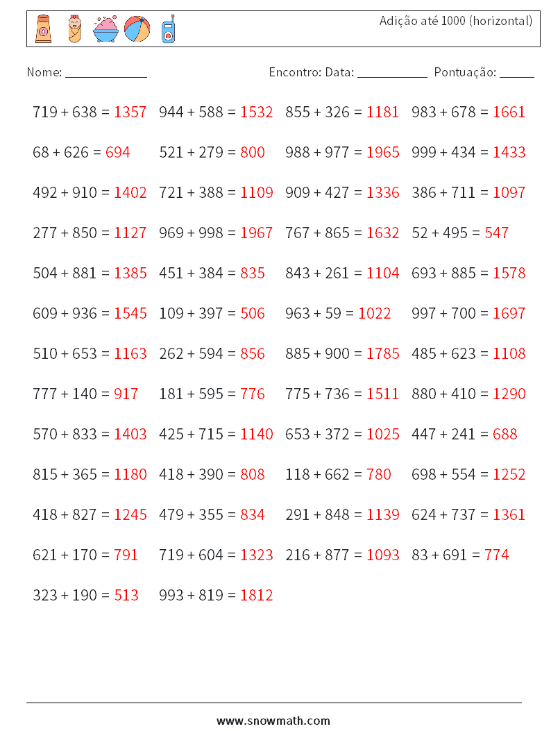 (50) Adição até 1000 (horizontal) planilhas matemáticas 3 Pergunta, Resposta