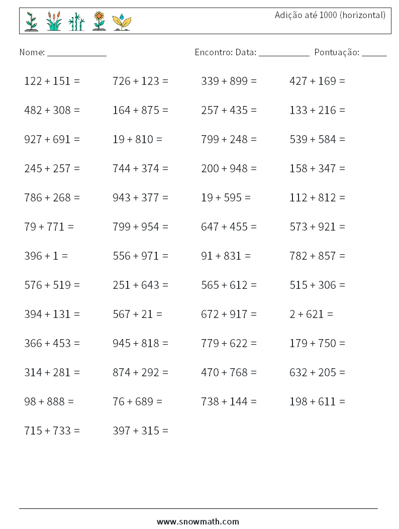 (50) Adição até 1000 (horizontal) planilhas matemáticas 6