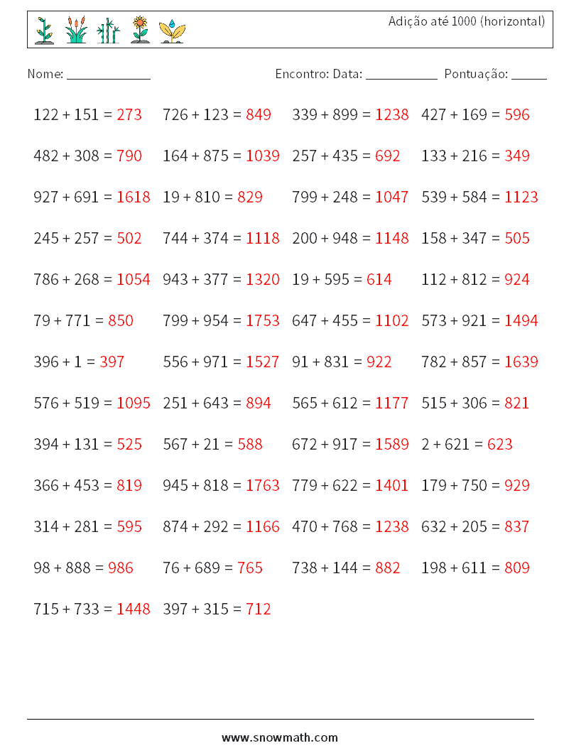 (50) Adição até 1000 (horizontal) planilhas matemáticas 6 Pergunta, Resposta