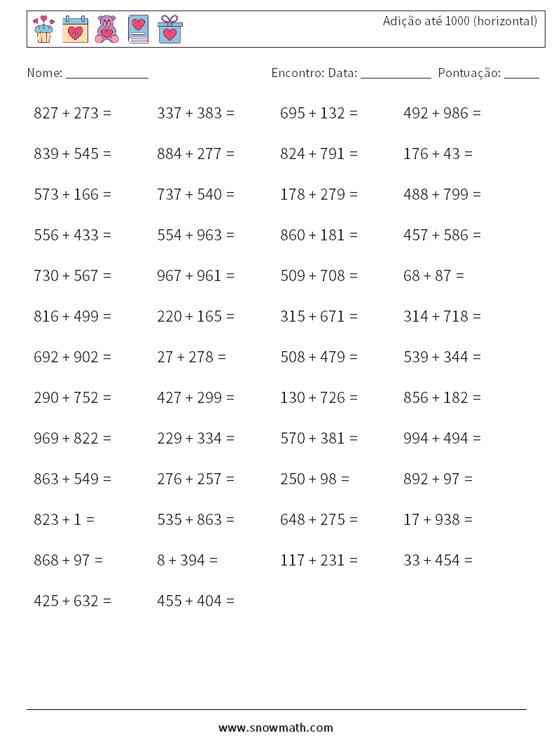 (50) Adição até 1000 (horizontal) planilhas matemáticas 7