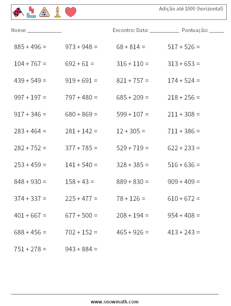 (50) Adição até 1000 (horizontal) planilhas matemáticas 8