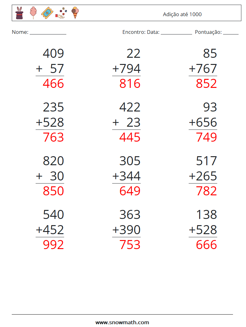 (12) Adição até 1000 planilhas matemáticas 11 Pergunta, Resposta