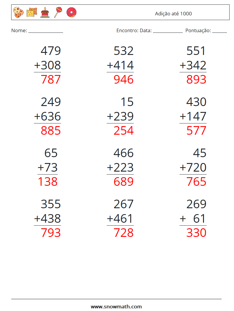 (12) Adição até 1000 planilhas matemáticas 12 Pergunta, Resposta