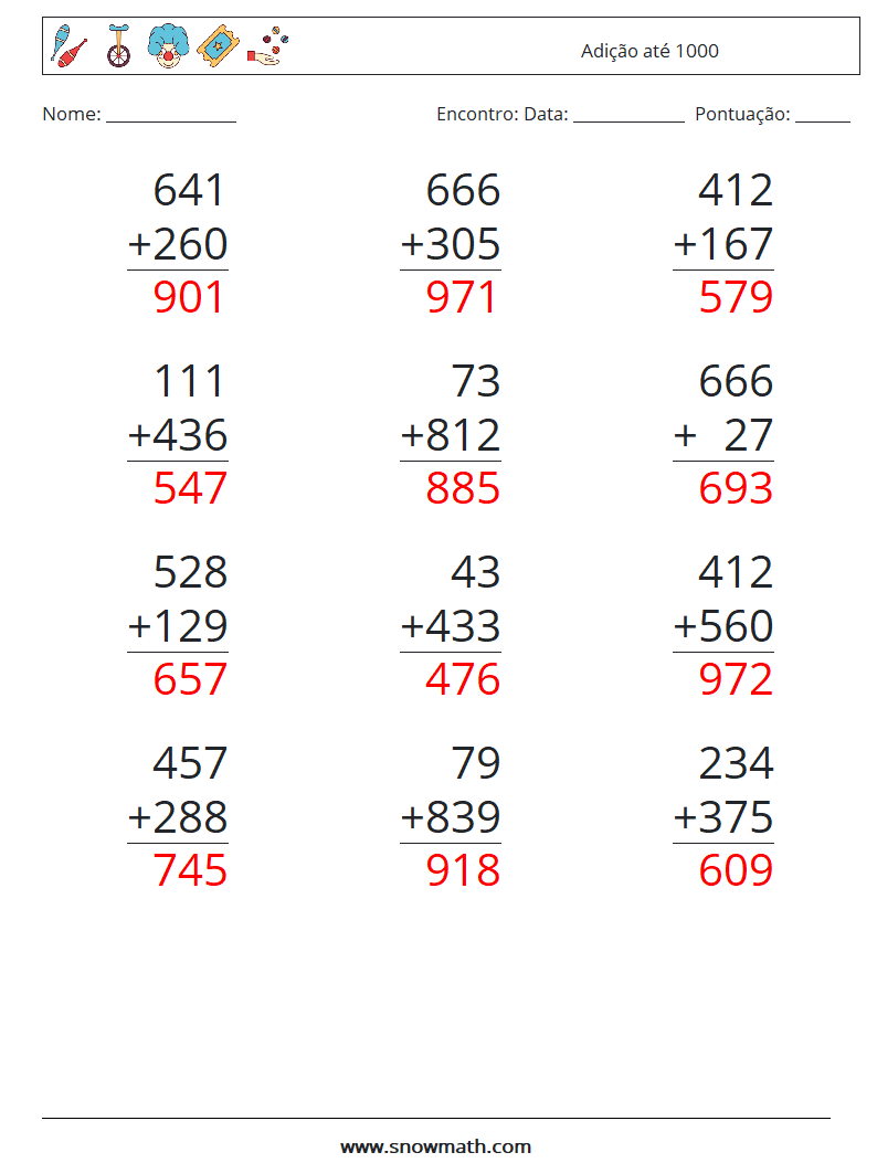 (12) Adição até 1000 planilhas matemáticas 14 Pergunta, Resposta