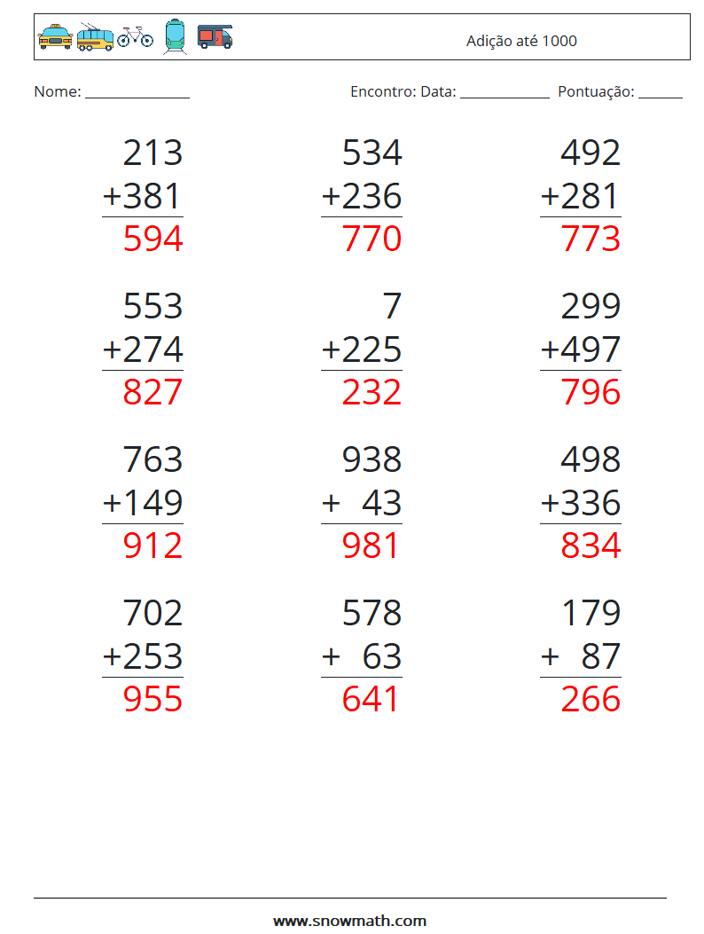 (12) Adição até 1000 planilhas matemáticas 16 Pergunta, Resposta