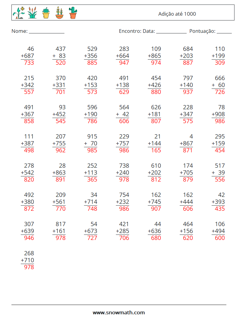 (50) Adição até 1000 planilhas matemáticas 10 Pergunta, Resposta