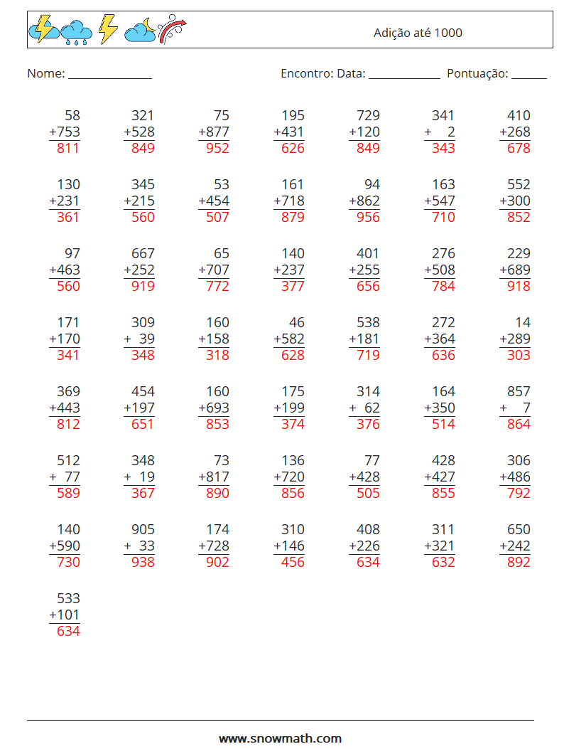 (50) Adição até 1000 planilhas matemáticas 12 Pergunta, Resposta