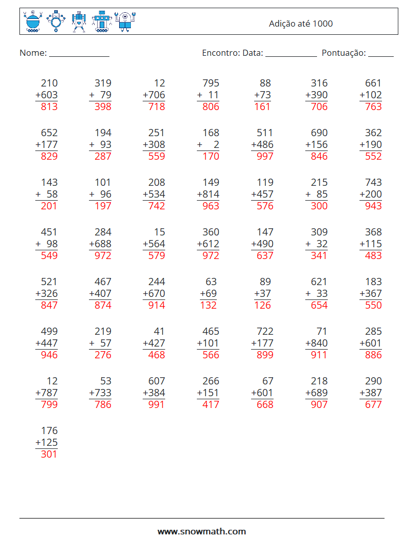 (50) Adição até 1000 planilhas matemáticas 14 Pergunta, Resposta