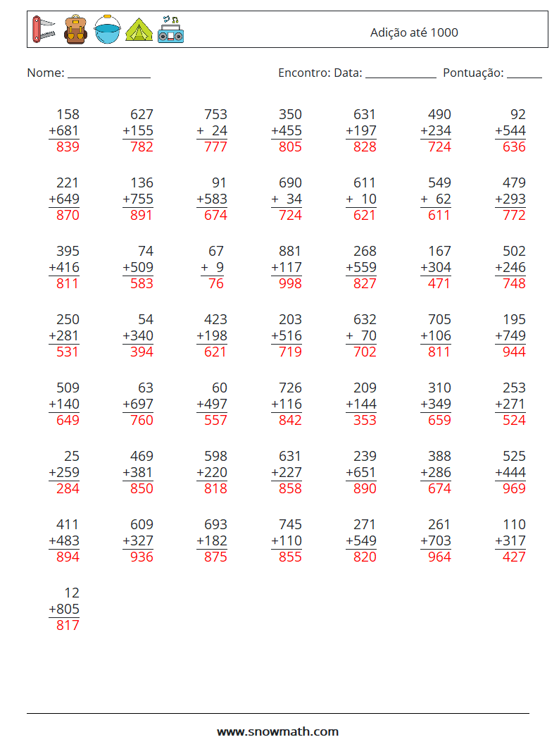 (50) Adição até 1000 planilhas matemáticas 17 Pergunta, Resposta