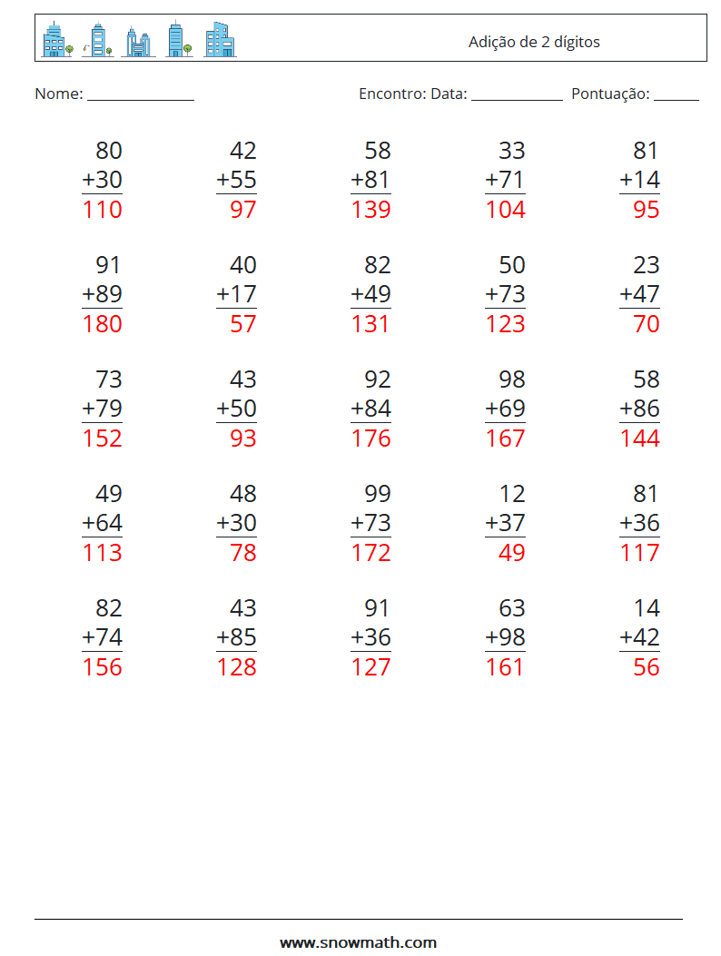 (25) Adição de 2 dígitos planilhas matemáticas 11 Pergunta, Resposta