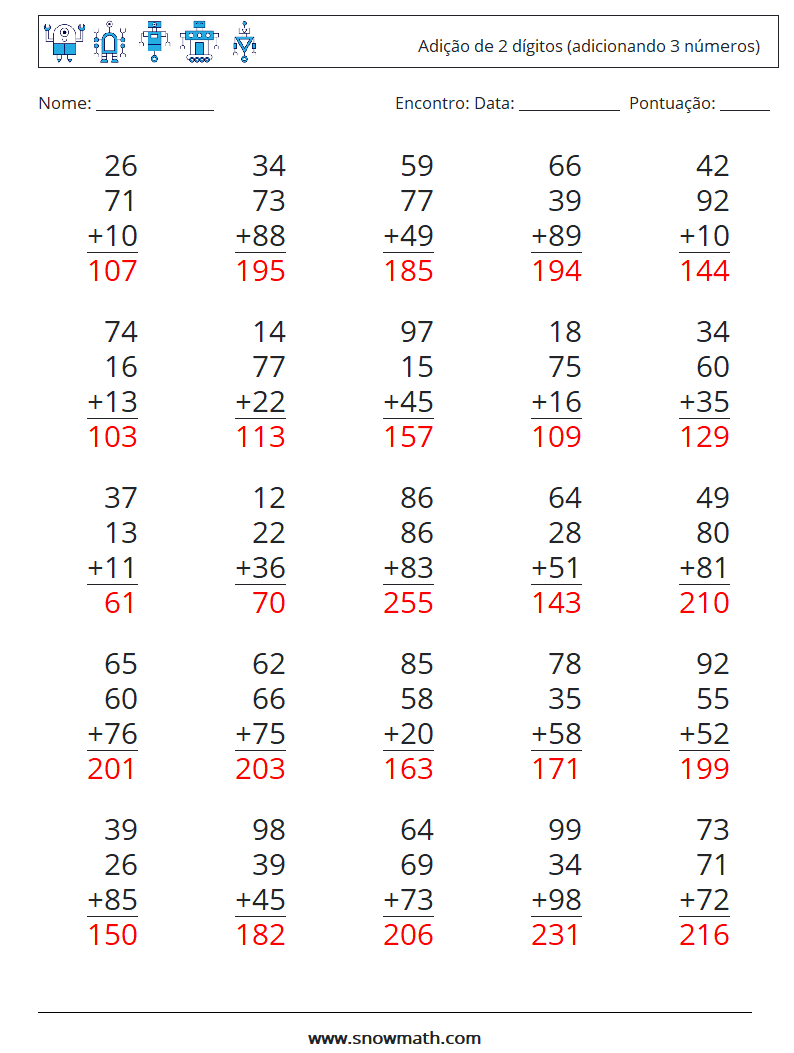 (25) Adição de 2 dígitos (adicionando 3 números) planilhas matemáticas 10 Pergunta, Resposta