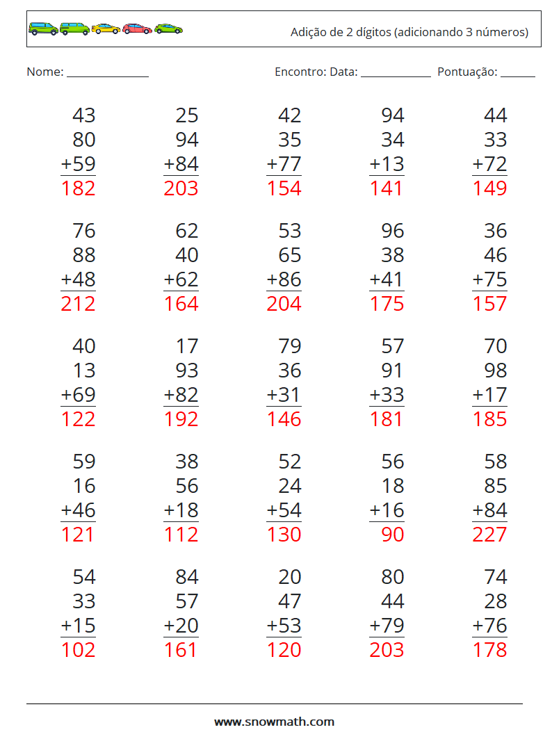 (25) Adição de 2 dígitos (adicionando 3 números) planilhas matemáticas 12 Pergunta, Resposta