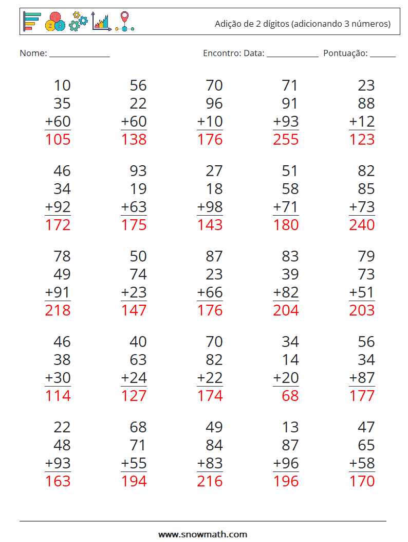 (25) Adição de 2 dígitos (adicionando 3 números) planilhas matemáticas 15 Pergunta, Resposta