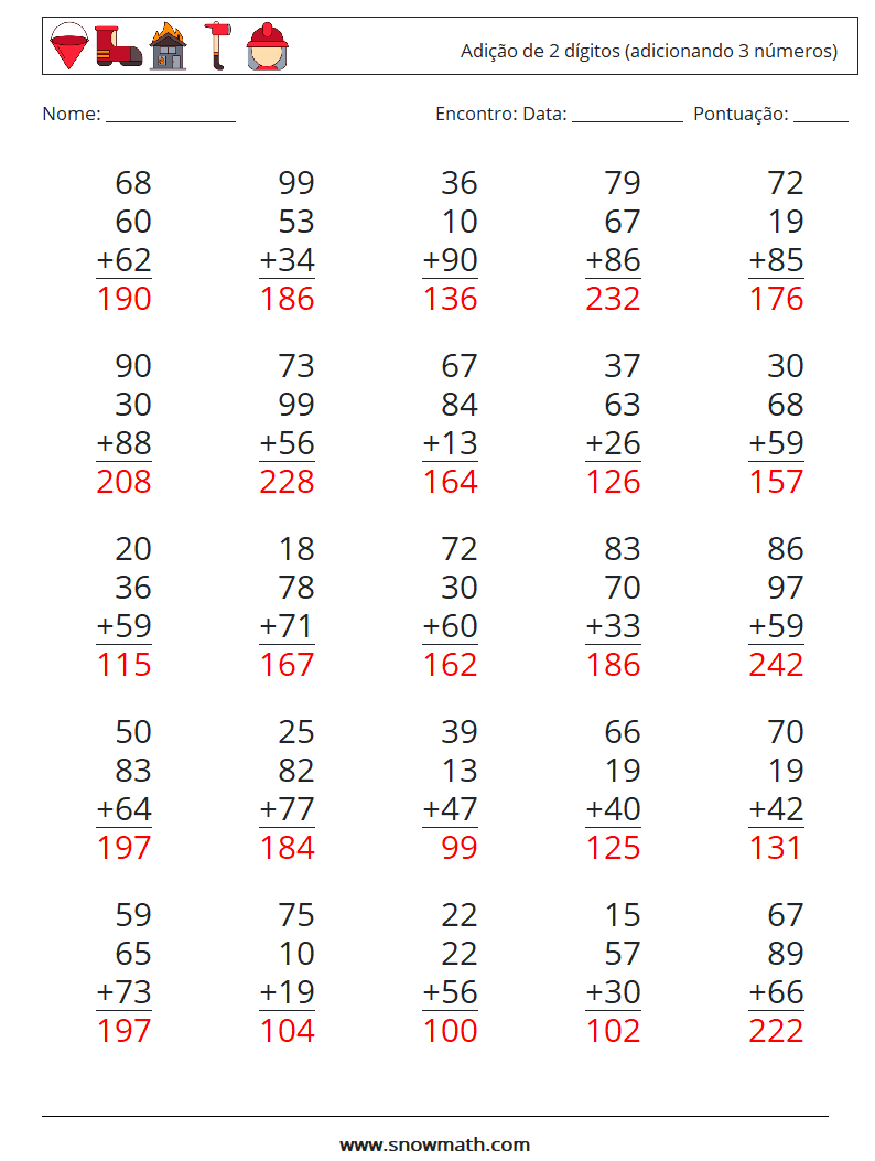 (25) Adição de 2 dígitos (adicionando 3 números) planilhas matemáticas 16 Pergunta, Resposta