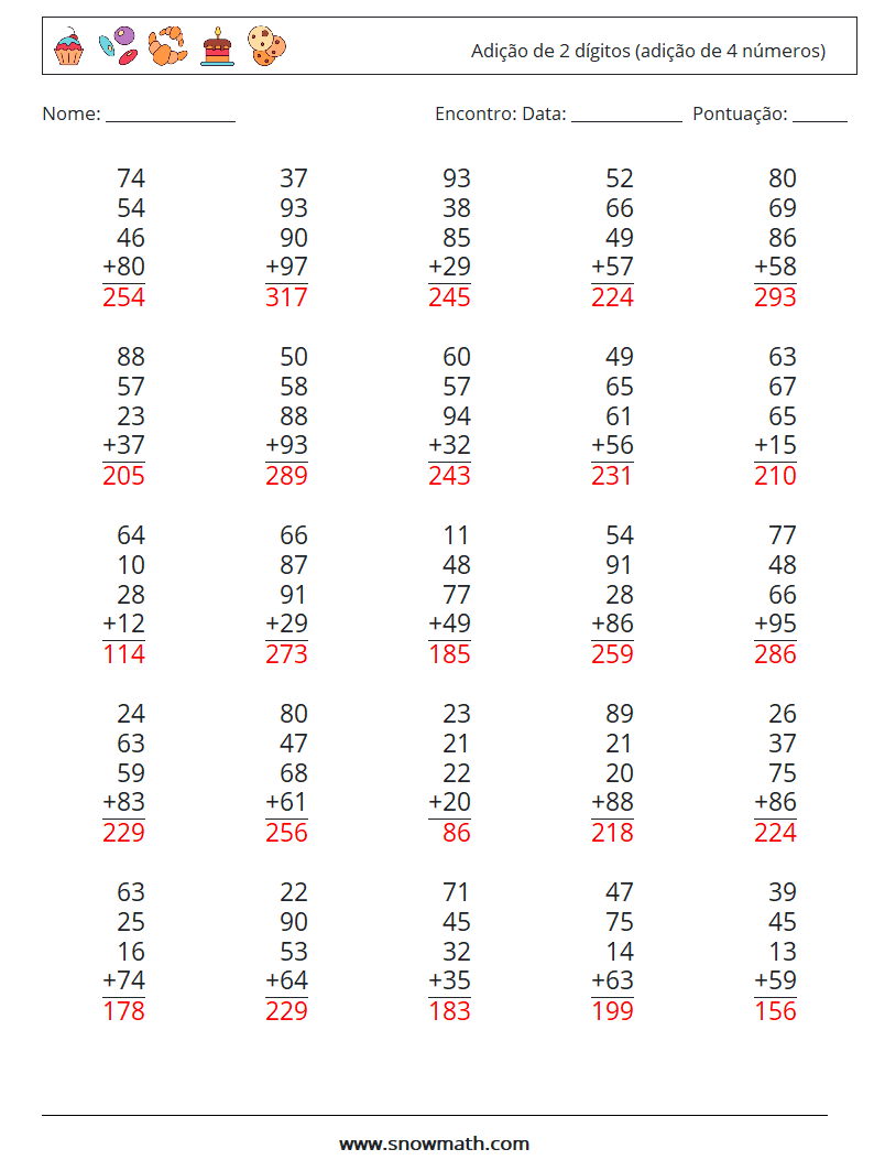 (25) Adição de 2 dígitos (adição de 4 números) planilhas matemáticas 10 Pergunta, Resposta