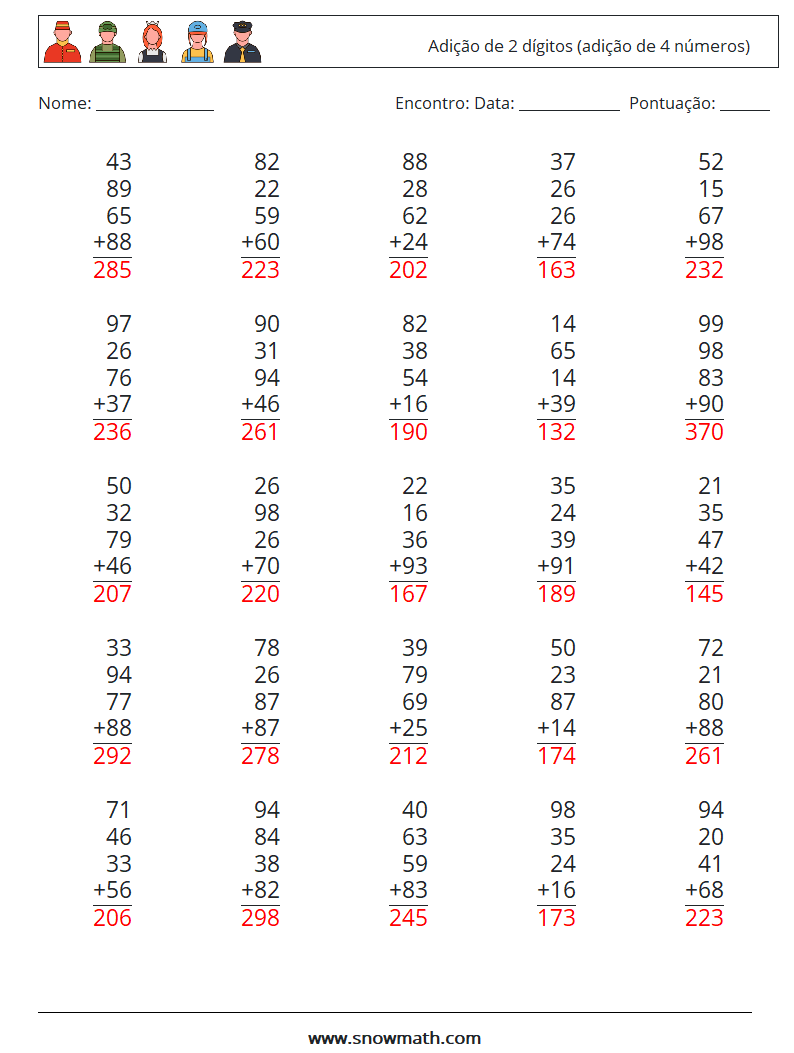 (25) Adição de 2 dígitos (adição de 4 números) planilhas matemáticas 15 Pergunta, Resposta