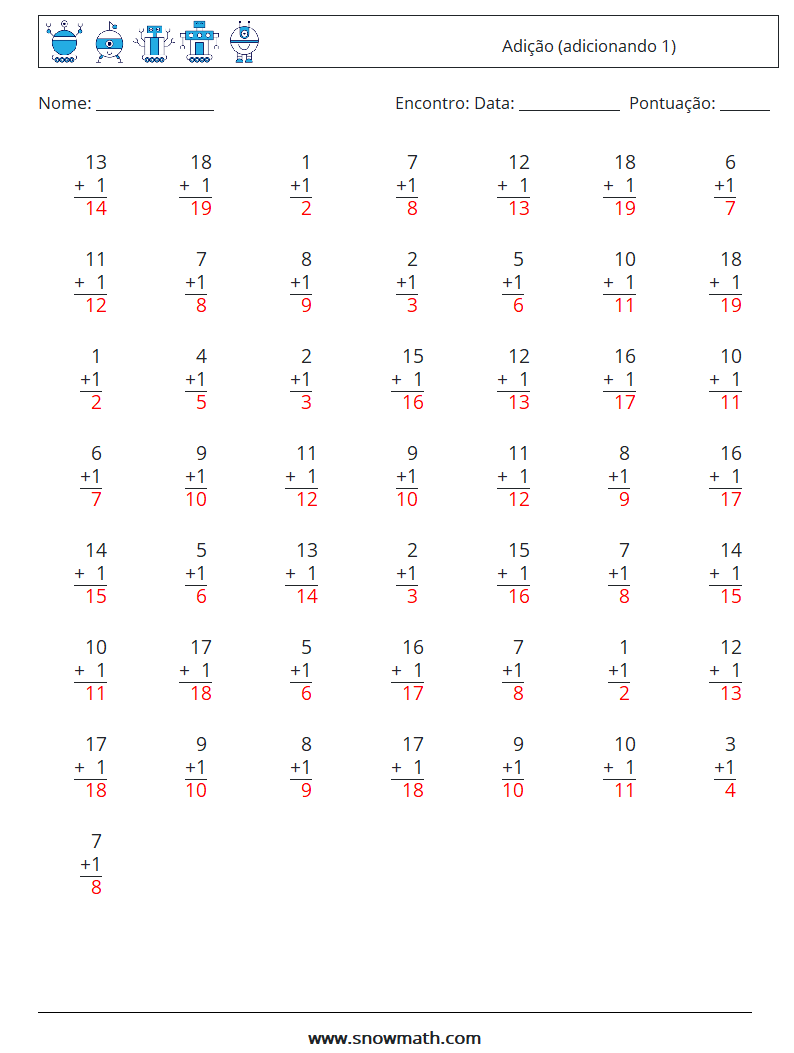 (50) Adição (adicionando 1) planilhas matemáticas 12 Pergunta, Resposta