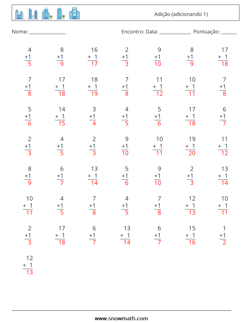 (50) Adição (adicionando 1) planilhas matemáticas 14 Pergunta, Resposta