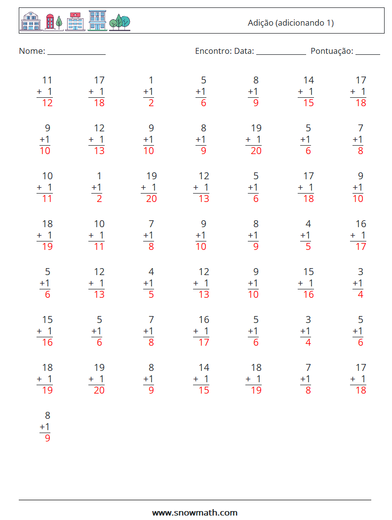 (50) Adição (adicionando 1) planilhas matemáticas 16 Pergunta, Resposta
