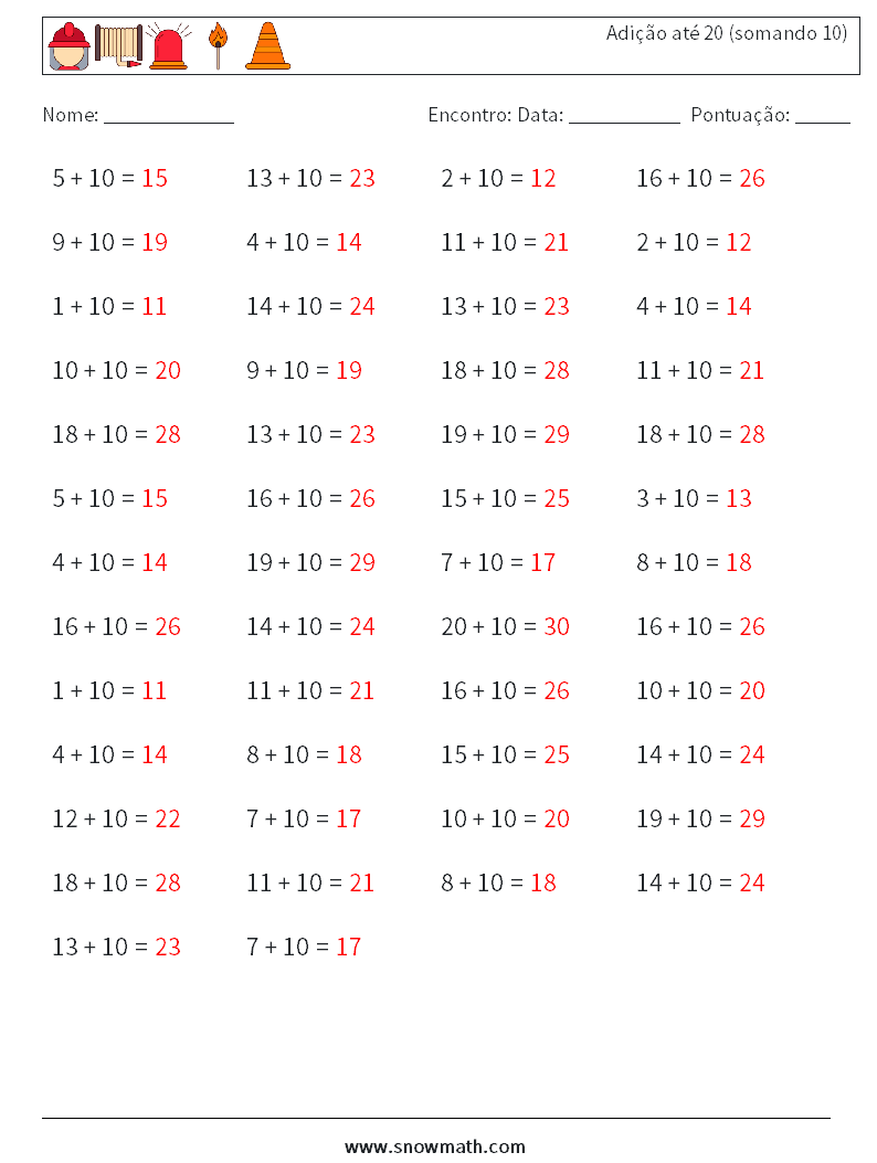 (50) Adição até 20 (somando 10) planilhas matemáticas 3 Pergunta, Resposta