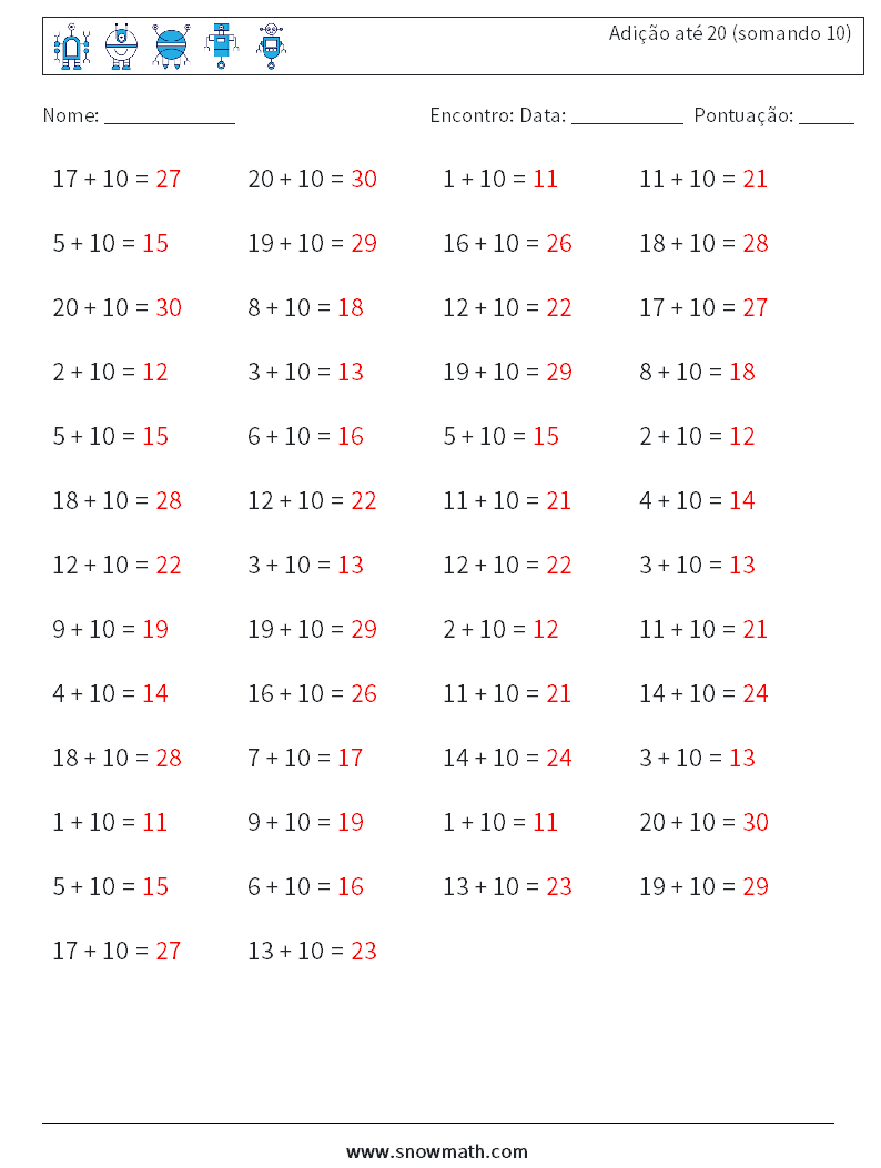 (50) Adição até 20 (somando 10) planilhas matemáticas 5 Pergunta, Resposta