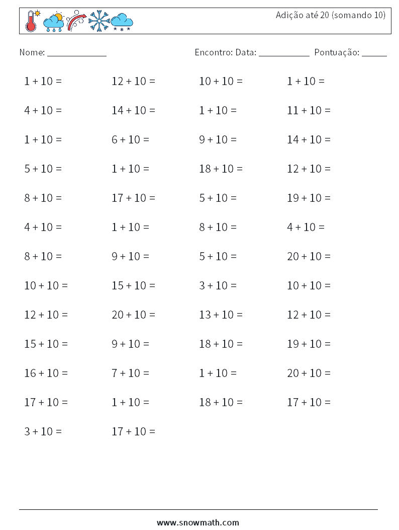 (50) Adição até 20 (somando 10) planilhas matemáticas 9