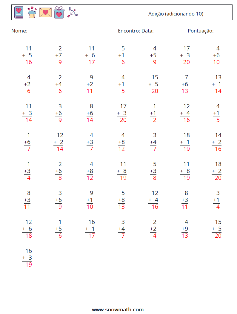 (50) Adição (adicionando 10) planilhas matemáticas 13 Pergunta, Resposta