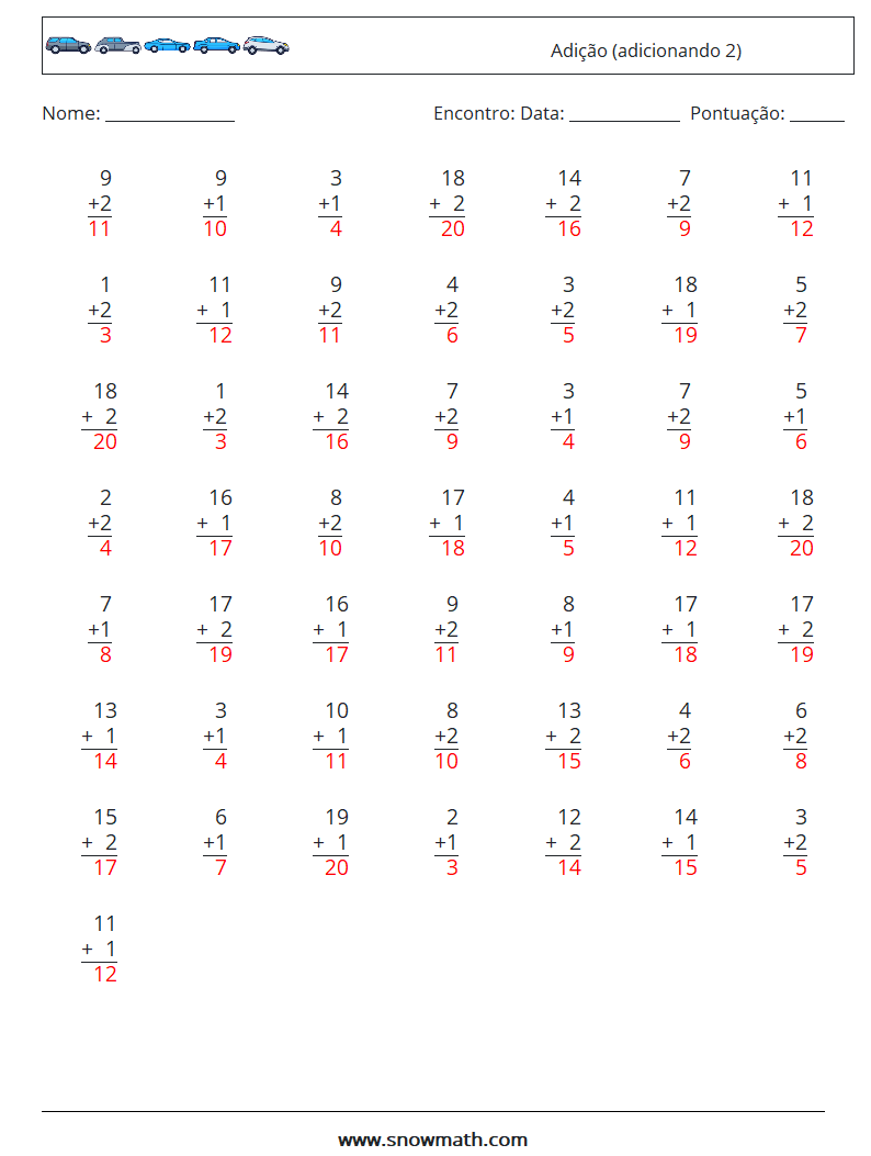 (50) Adição (adicionando 2) planilhas matemáticas 10 Pergunta, Resposta