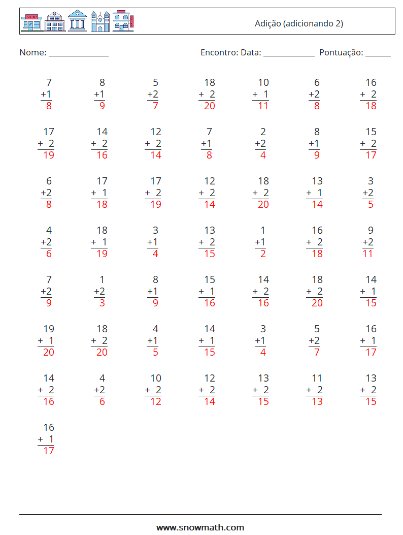 (50) Adição (adicionando 2) planilhas matemáticas 11 Pergunta, Resposta