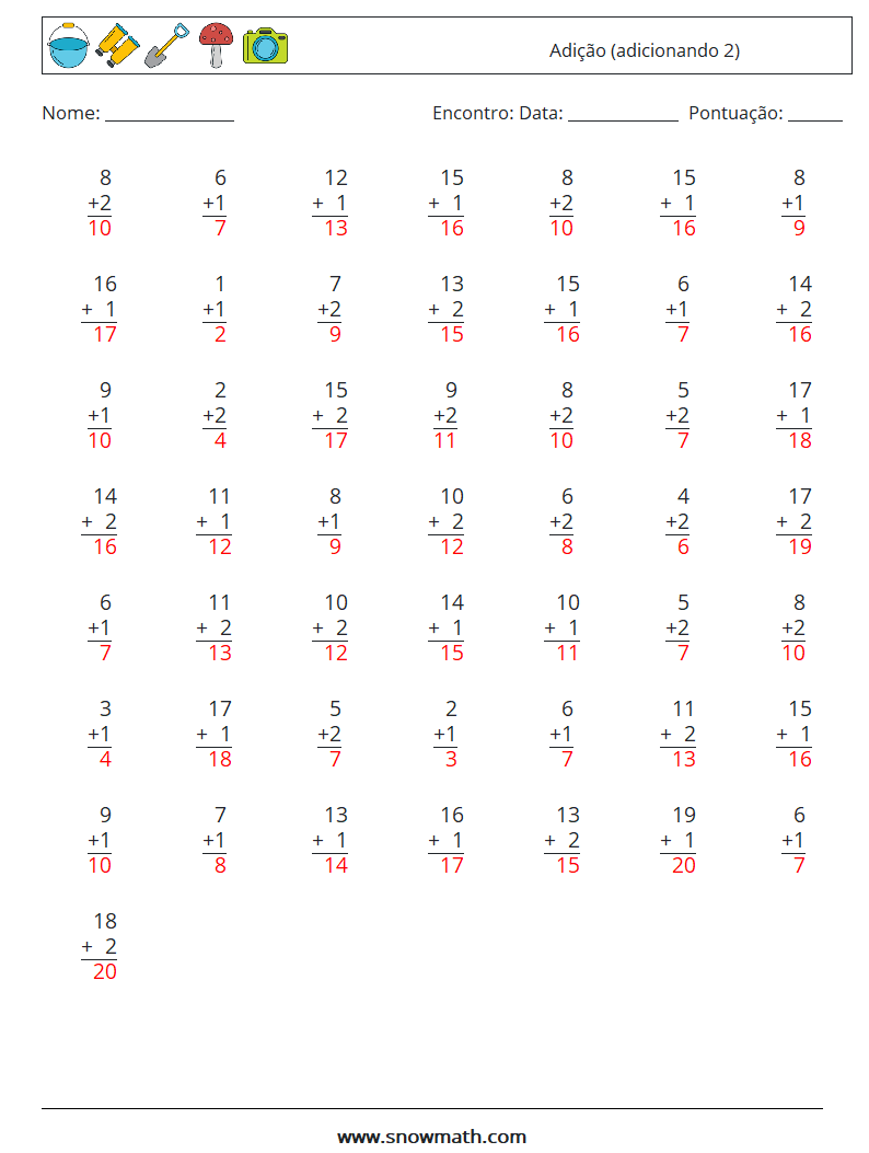 (50) Adição (adicionando 2) planilhas matemáticas 12 Pergunta, Resposta