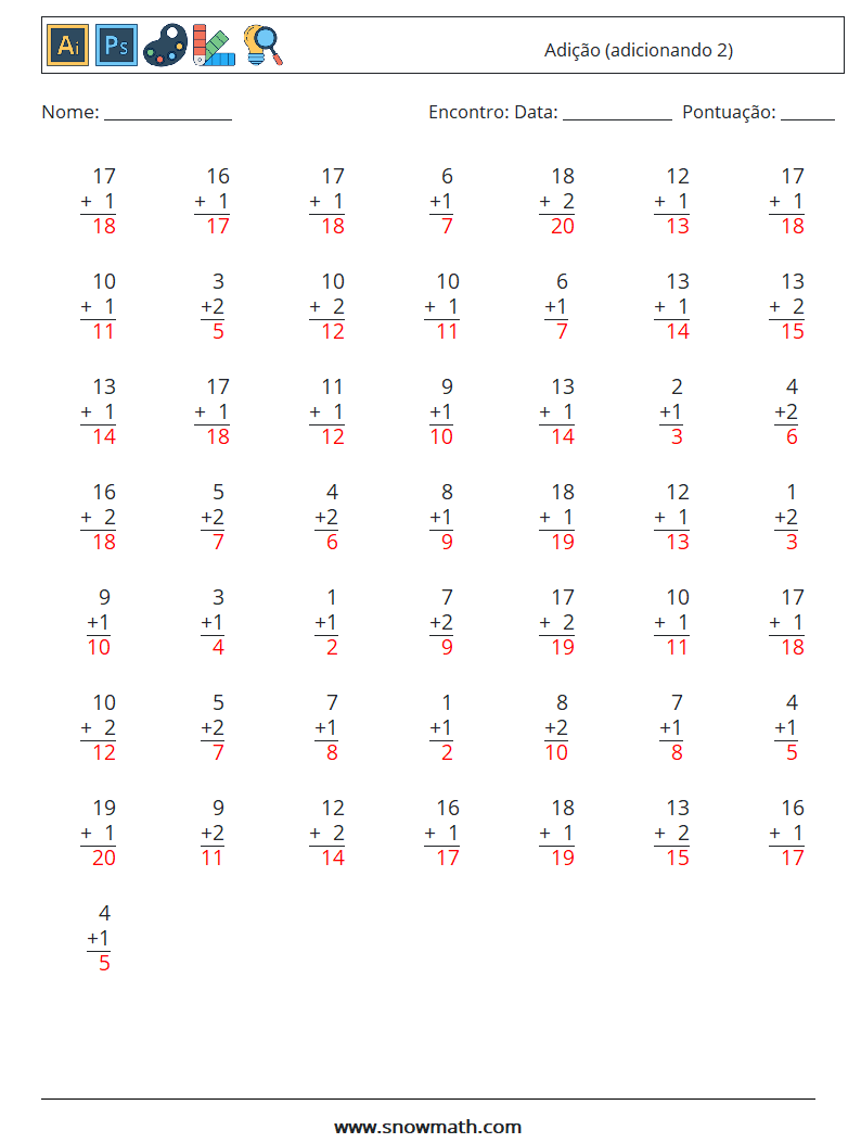 (50) Adição (adicionando 2) planilhas matemáticas 14 Pergunta, Resposta