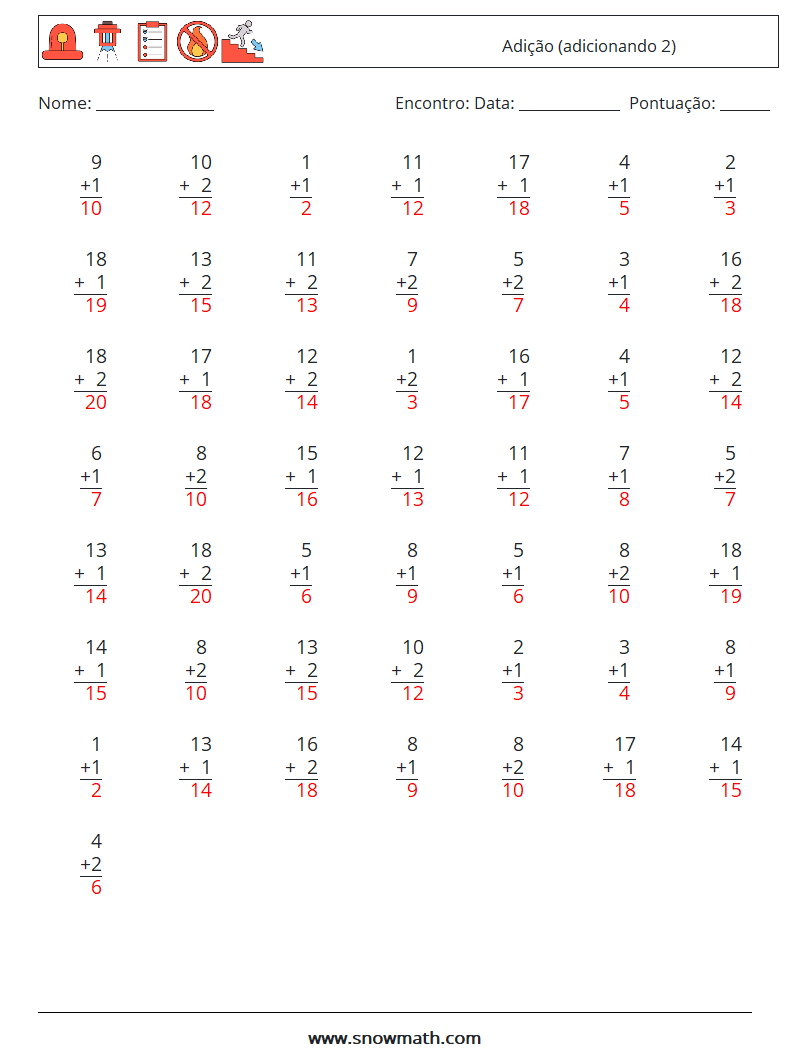 (50) Adição (adicionando 2) planilhas matemáticas 16 Pergunta, Resposta