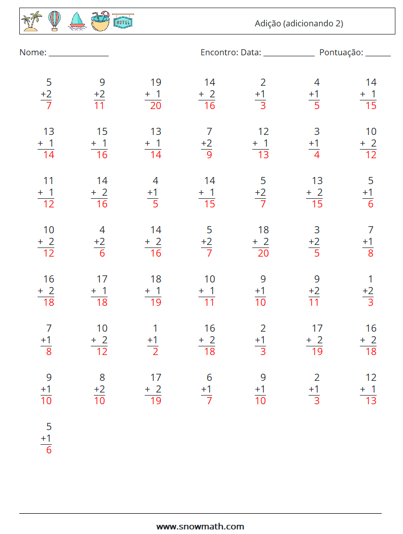 (50) Adição (adicionando 2) planilhas matemáticas 17 Pergunta, Resposta