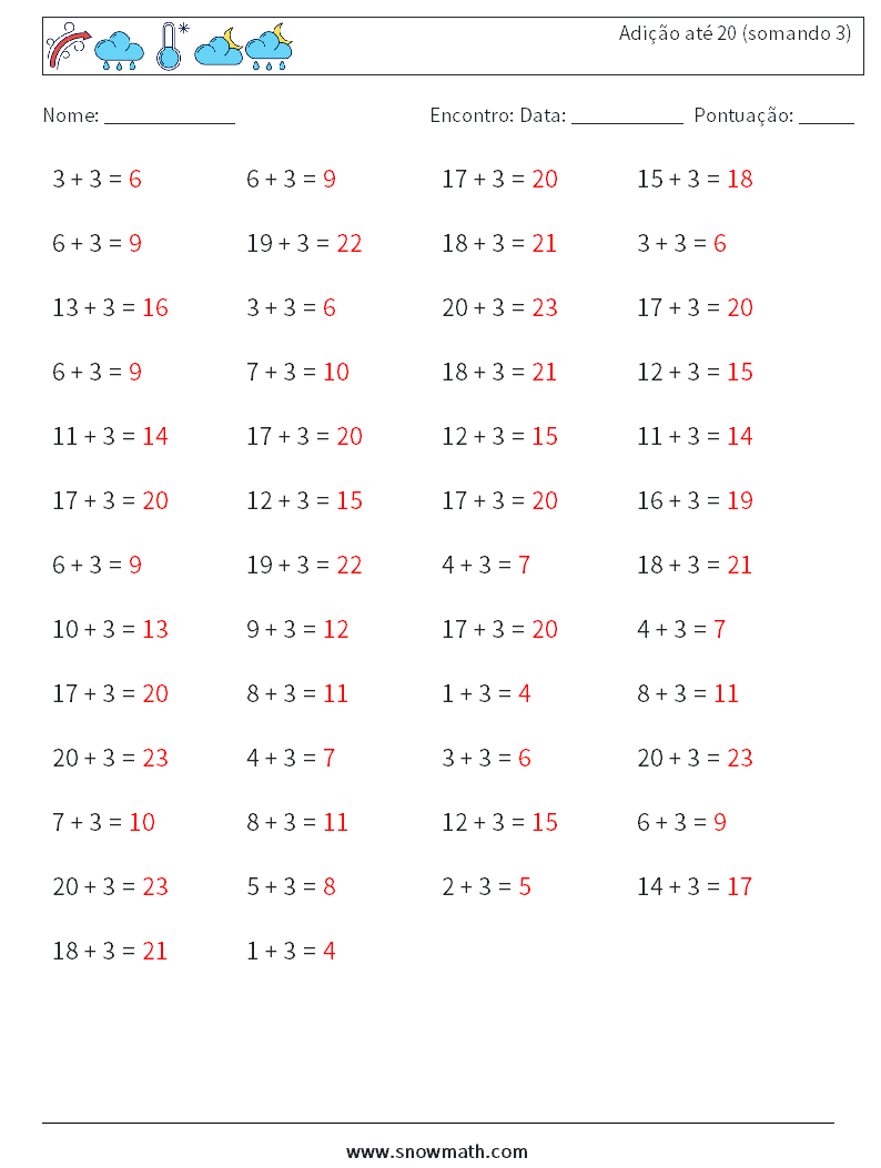 (50) Adição até 20 (somando 3) planilhas matemáticas 1 Pergunta, Resposta