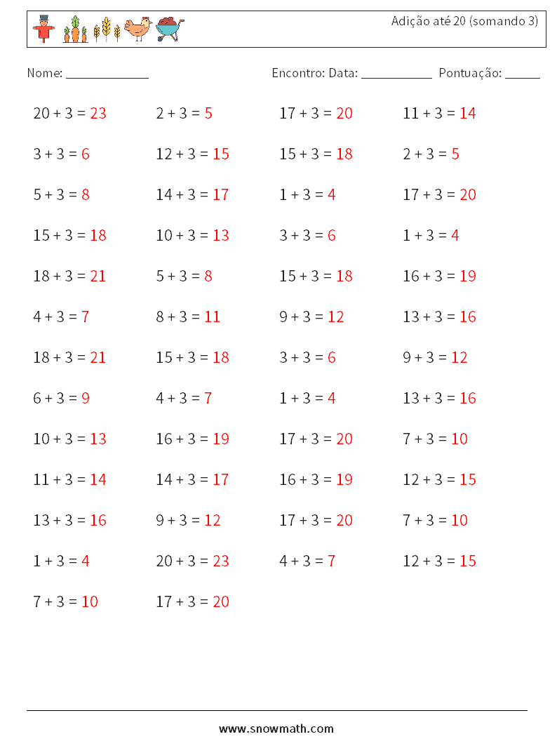 (50) Adição até 20 (somando 3) planilhas matemáticas 2 Pergunta, Resposta