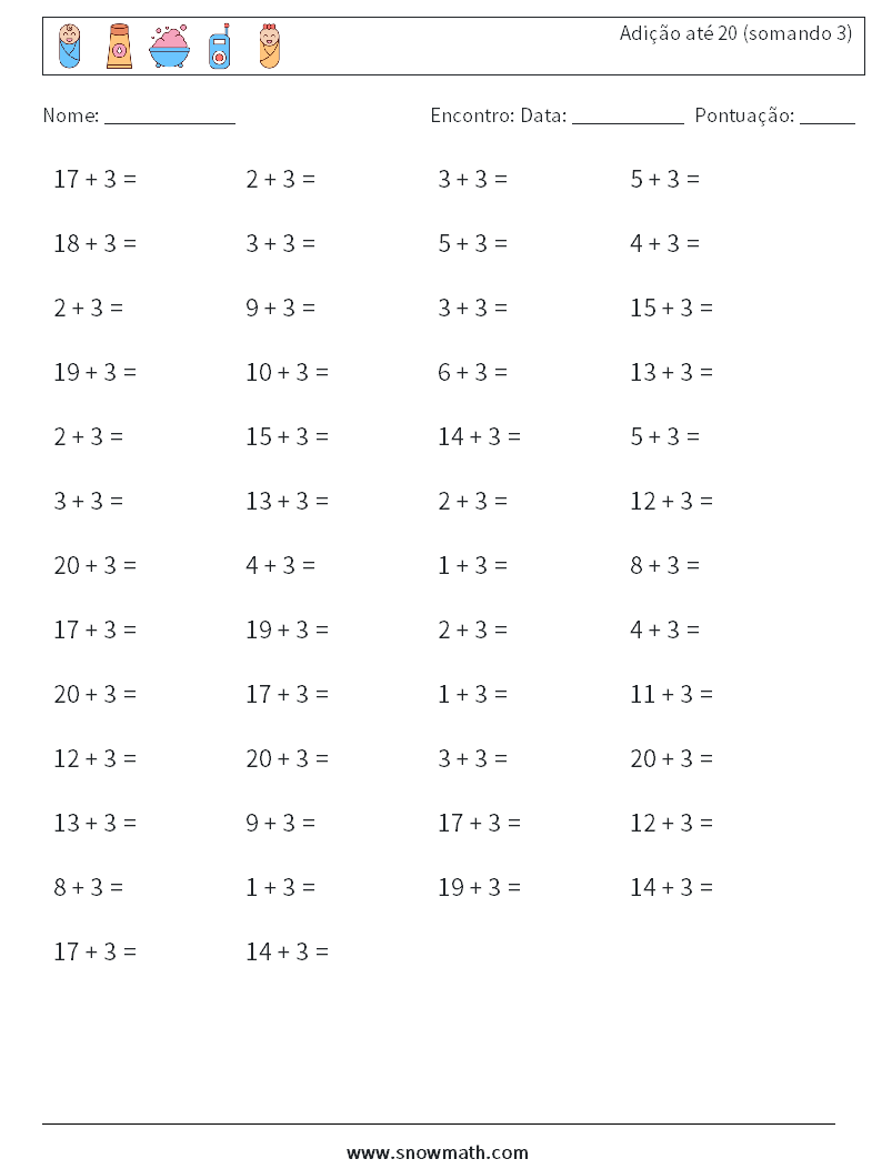 (50) Adição até 20 (somando 3) planilhas matemáticas 4