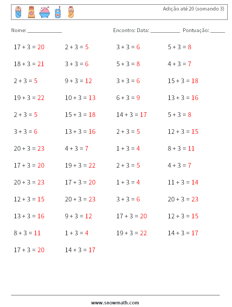 (50) Adição até 20 (somando 3) planilhas matemáticas 4 Pergunta, Resposta