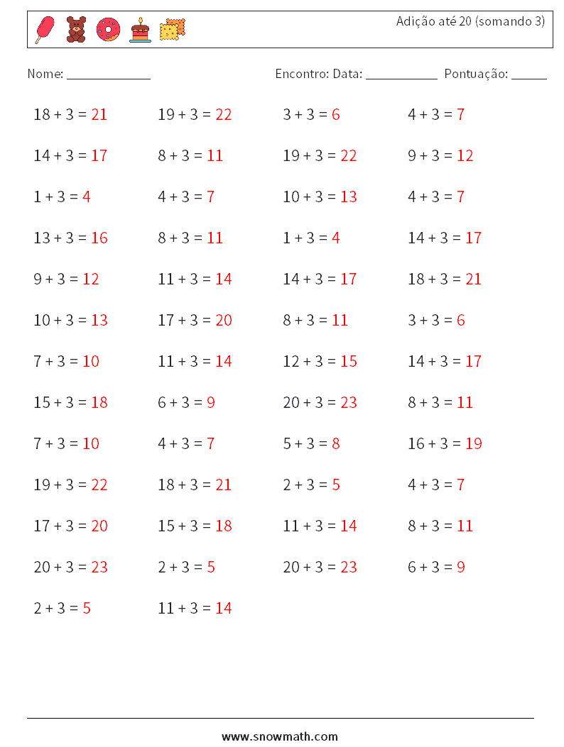 (50) Adição até 20 (somando 3) planilhas matemáticas 5 Pergunta, Resposta