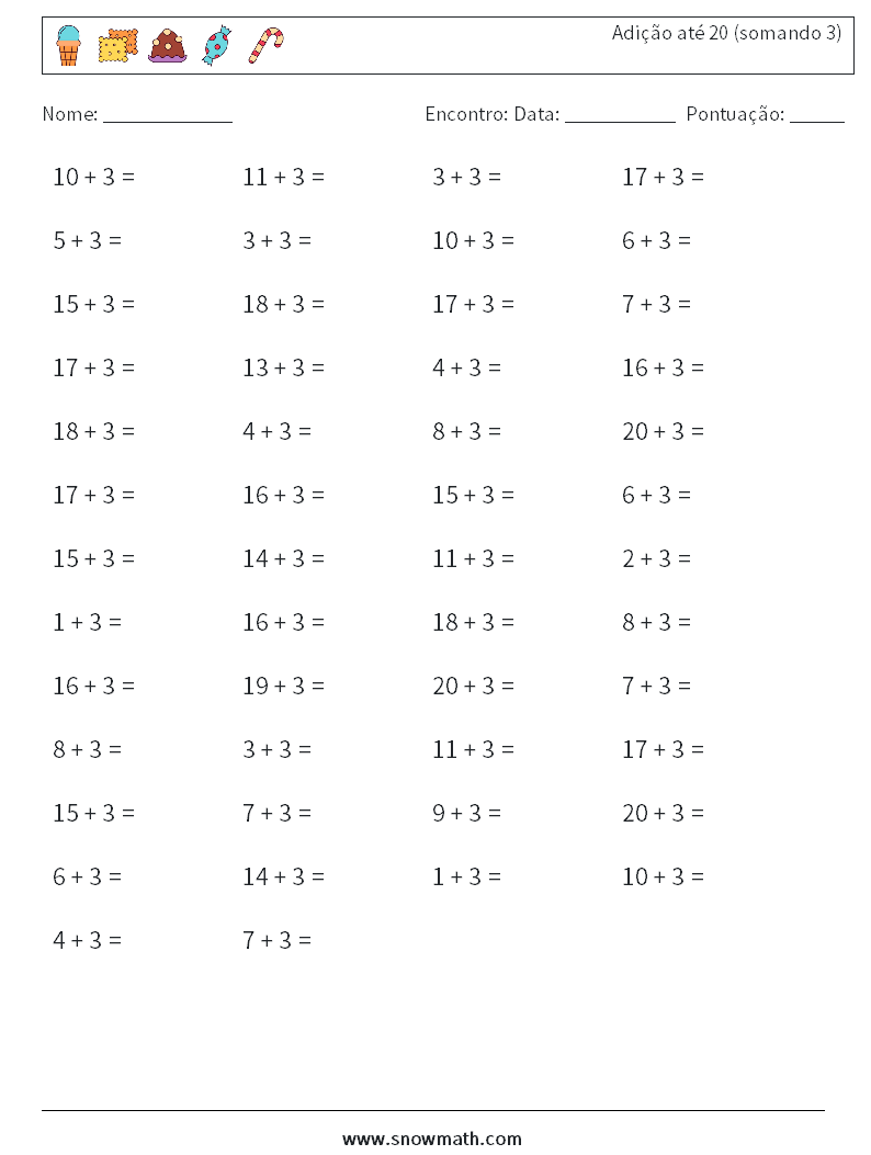 (50) Adição até 20 (somando 3) planilhas matemáticas 6