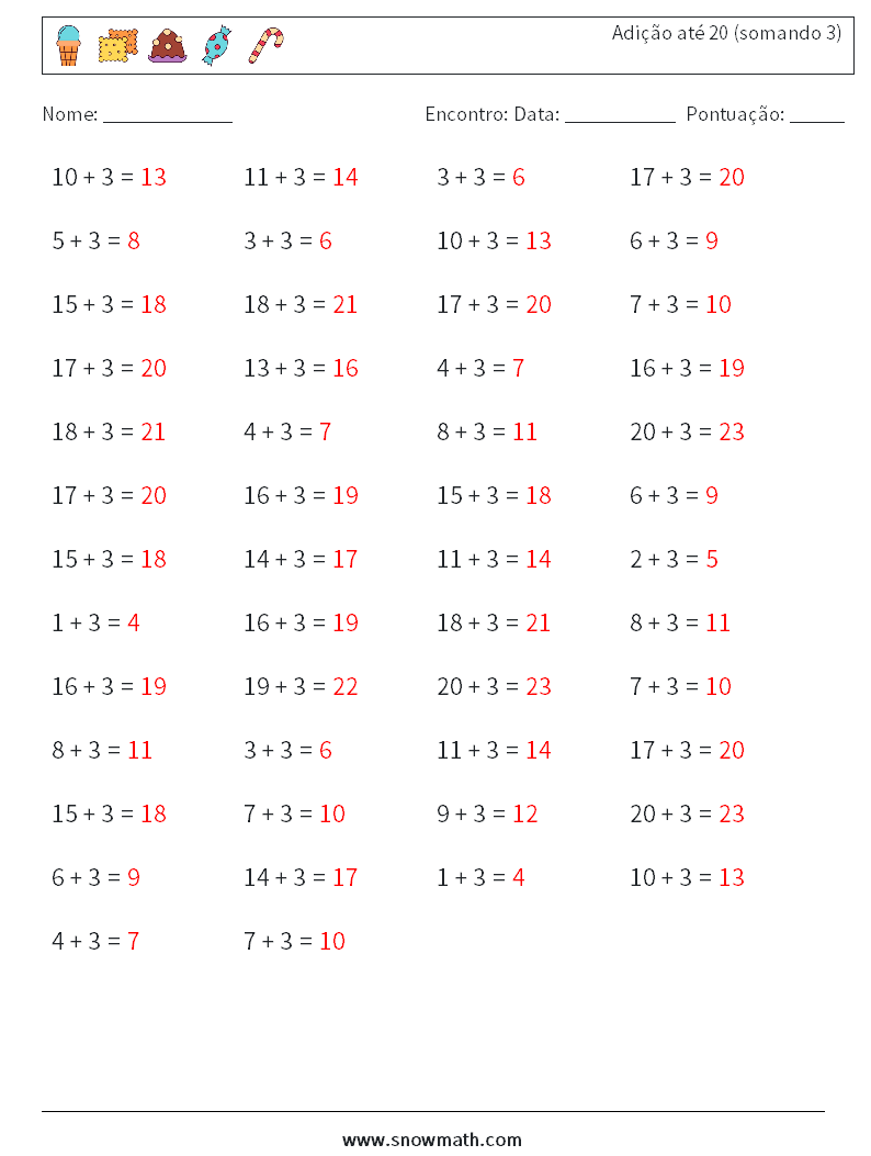 (50) Adição até 20 (somando 3) planilhas matemáticas 6 Pergunta, Resposta