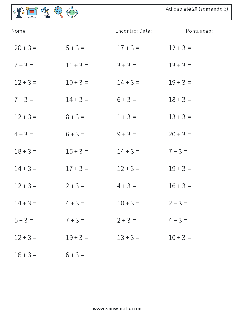(50) Adição até 20 (somando 3) planilhas matemáticas 7