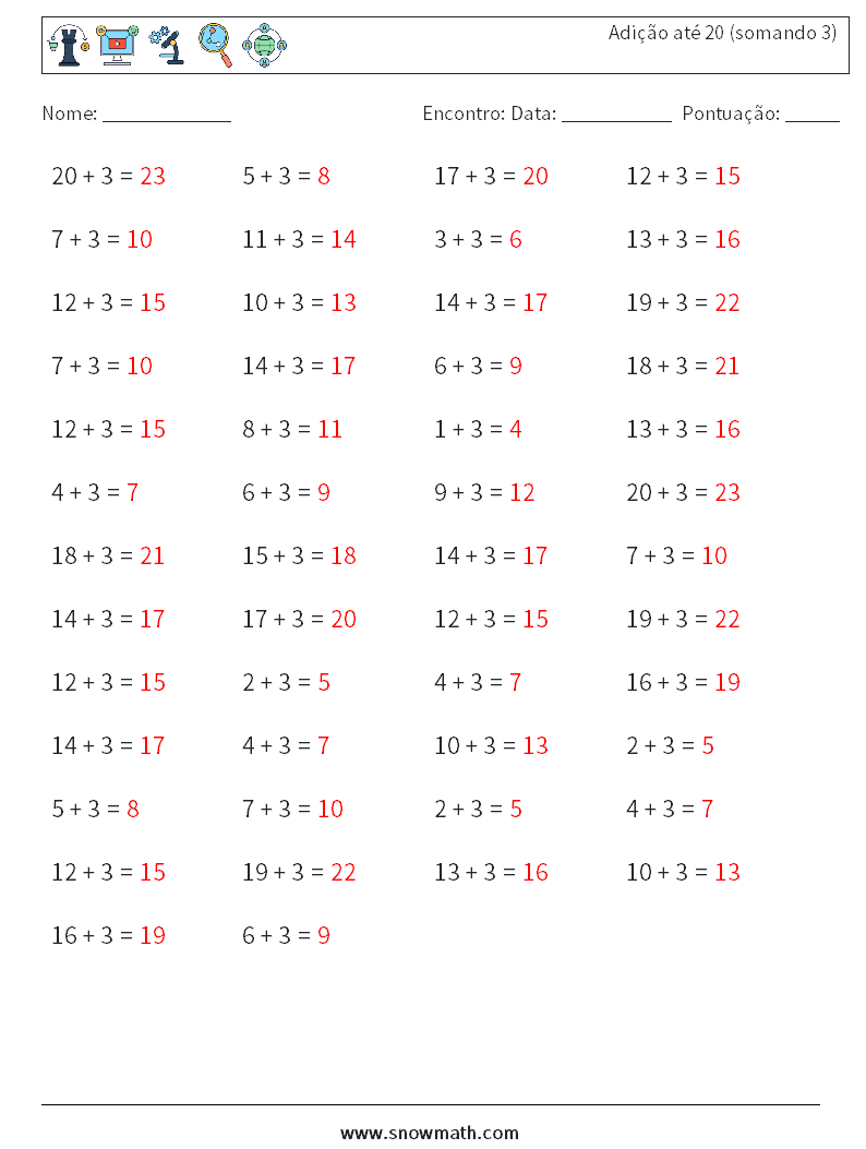 (50) Adição até 20 (somando 3) planilhas matemáticas 7 Pergunta, Resposta