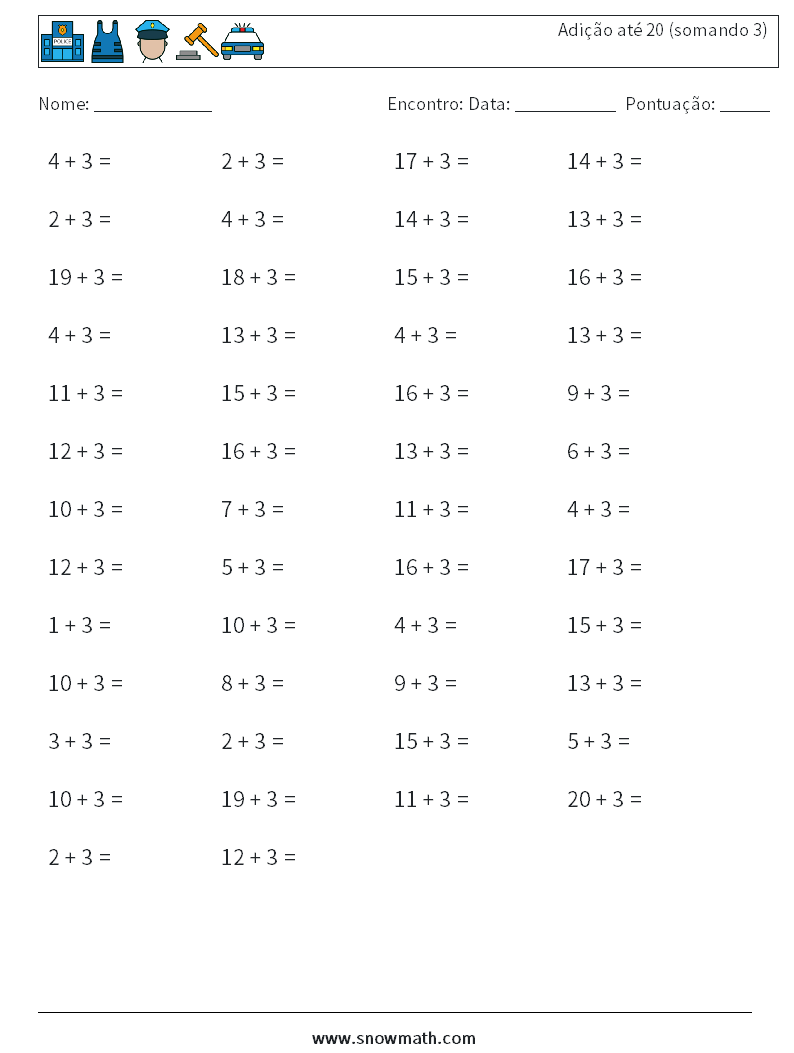 (50) Adição até 20 (somando 3) planilhas matemáticas 8